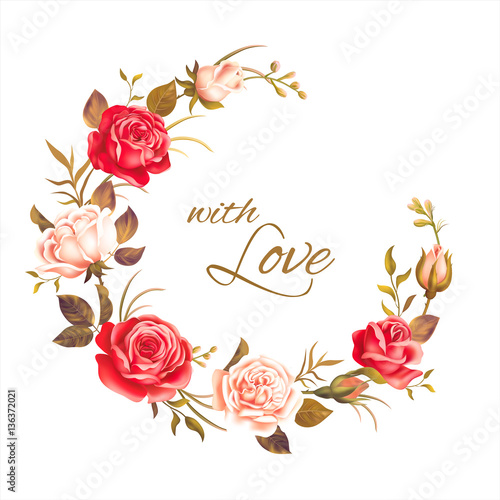 Round floral frame with beautiful roses. Vector illustration.