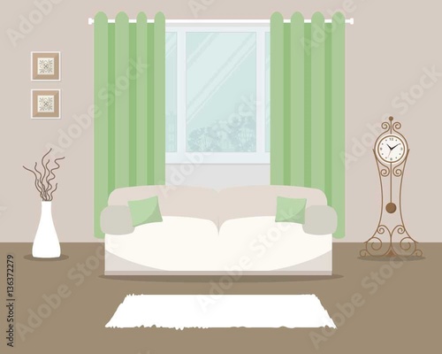 Living room with white sofa and green curtain. There is also a grandfather clock and vase in the picture. Vector flat illustration.