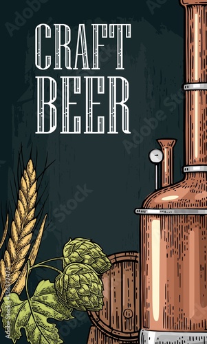 Vertical poster for craft beer. Tanks from brewery factory, hop.