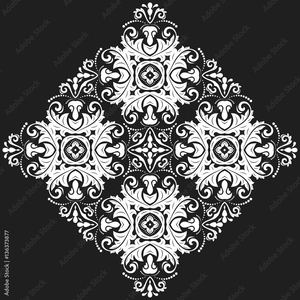 Oriental vector black and white pattern with arabesques and floral elements. Traditional classic ornament. Vintage pattern with arabesques Oriental vector black and white pattern with arabesques and floral elements. Traditional classic ornament. Vintage pattern with arabesques