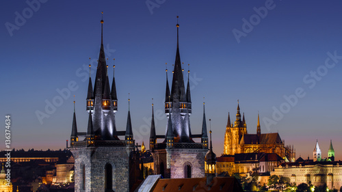 night view on kostel of Our Lady before Tyn and Vitus cathedral, Prague, Czech Republic
