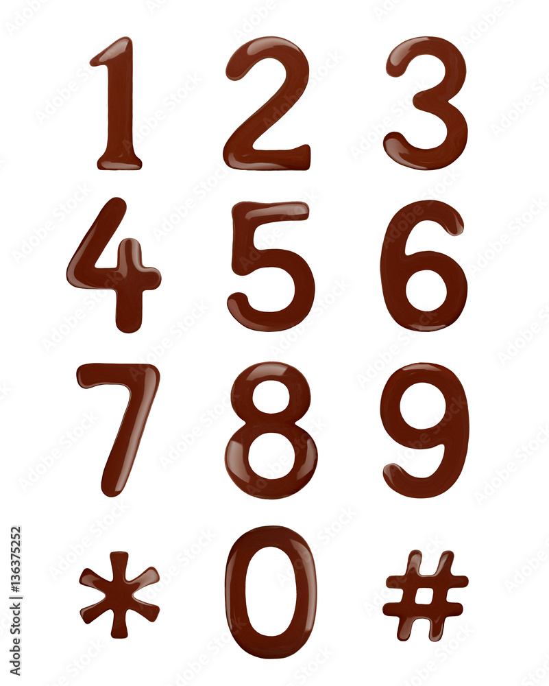 Numbers made of melted chocolate isolated on white background