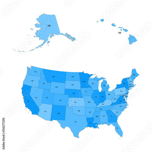Detailed map of the United States, including Alaska and Hawaii. United States with each state abbreviation