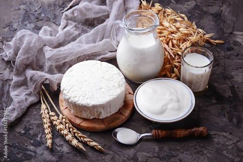 Tzfat cheese, milk and wheat grains. Symbols of judaic holiday S