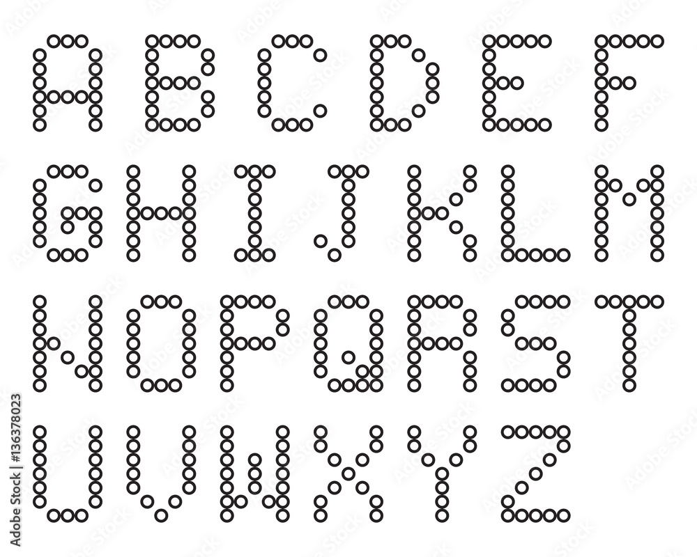Digital terminal table led font, black isolated on white background, vector illustration. Digital terminal table led font, black isolated on white background, vector illustration.