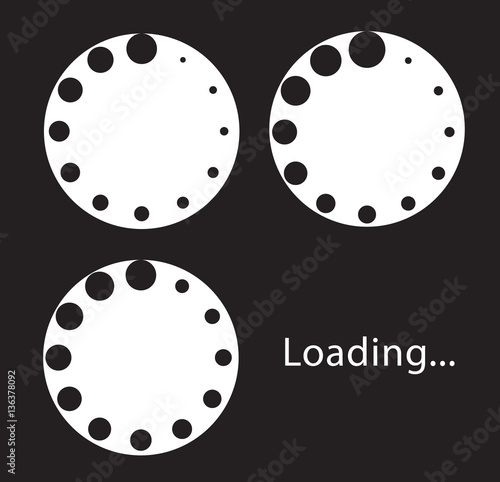 Circular loading sign, isolated on black background, vector illustration.