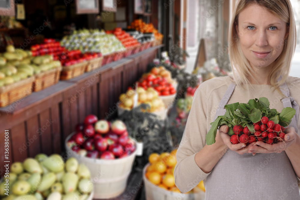 Street market, organic food, local business concept. Portrait of happy smiling Woman Vegetables.