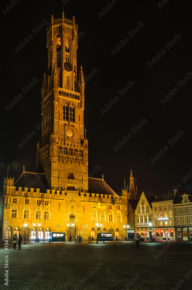 Illuminated Belfry Tower in Bruges, Belgium