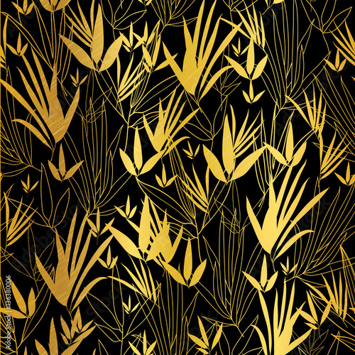 Vector Golden Black Asian Bamboo Leaves Seamless Pattern Background. Great fo...