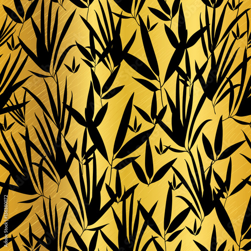 Vector Gold and Black Asian Bamboo Leaves Seamless Pattern Background. Great ...