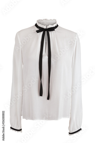 Elegant white blouse with frills around the collar and sleeves,