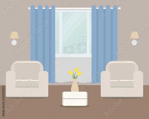 Living room with white armchairs and blue curtain. There is also a vase with yellow tulips on the table in the picture. Vector flat illustration.