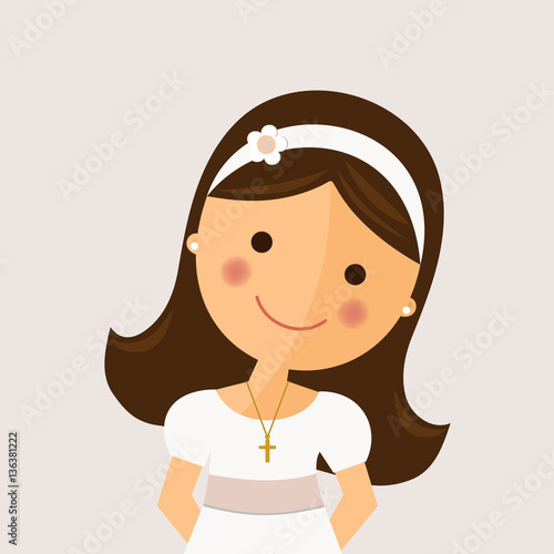 Foreground girl with communion dress on ocher background