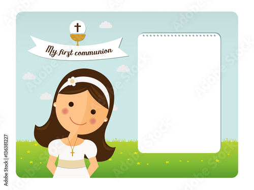 My first communion horizontal invitation on blue sky background