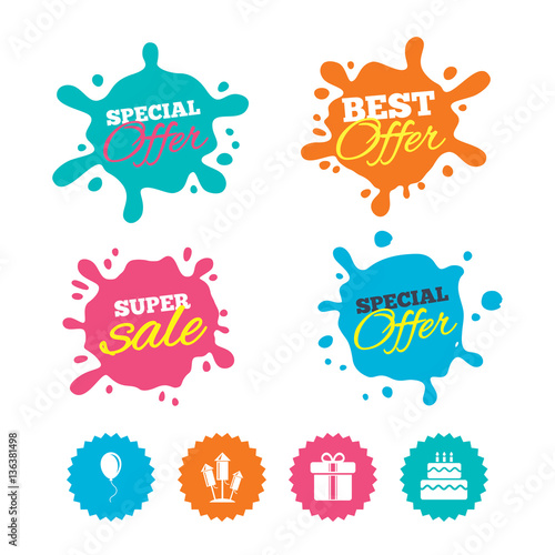 Birthday party icons. Cake and gift box symbol.