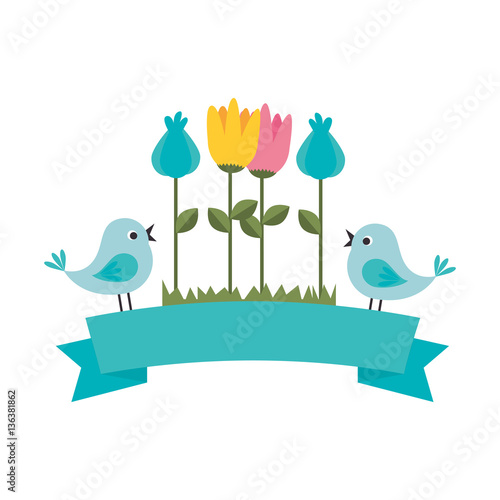 cute flower with birds decorative icon vector illustration design