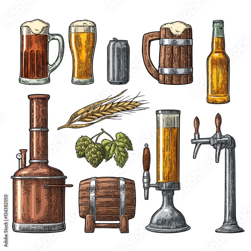 Beer set with tap, class, can, bottle and tanks from brewery factory.