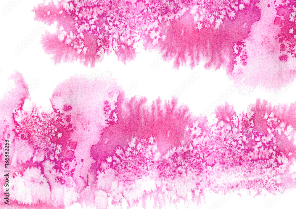Abstract pink watery frame.Aquatic backdrop.Ink drawing.Watercolor hand drawn image.Wet splash.White background. Abstract pink watery frame.Aquatic backdrop.Ink drawing.Watercolor hand drawn image.Wet splash.White background.