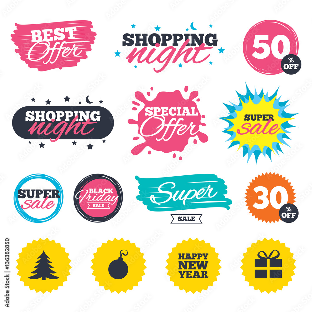 Obraz premium Happy new year sign. Christmas tree and gift box.