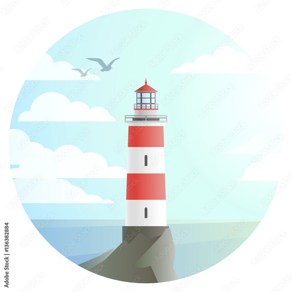 vector lighthouse with beautiful landscape of ocean round icon. flat house tower with sea and sky symbol, cartoon style illustration. seaside build sign design.