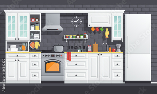 Flat kitchen room vector illustration. indoor kitchen Interior set, cooking cartoon style. culinary decorations collection. 