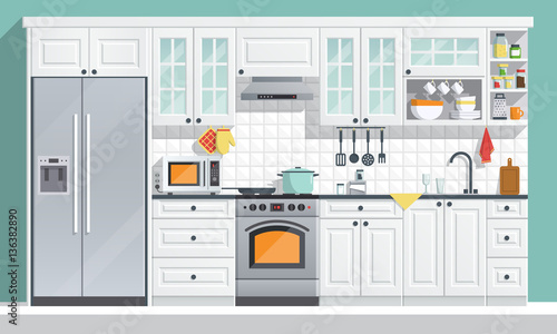 Kitchen appliances. flat room vector illustration. indoor kitchen Interior with, stove, cupboard, dishes and fridge. culinary decorations collection.