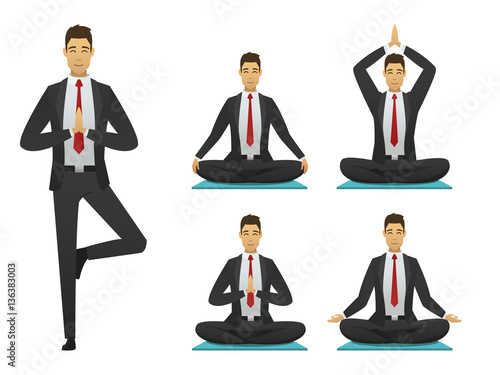 Yoga man poses illustration. set meditation logo flat design. sitting, meditator business man. resting person vector. 