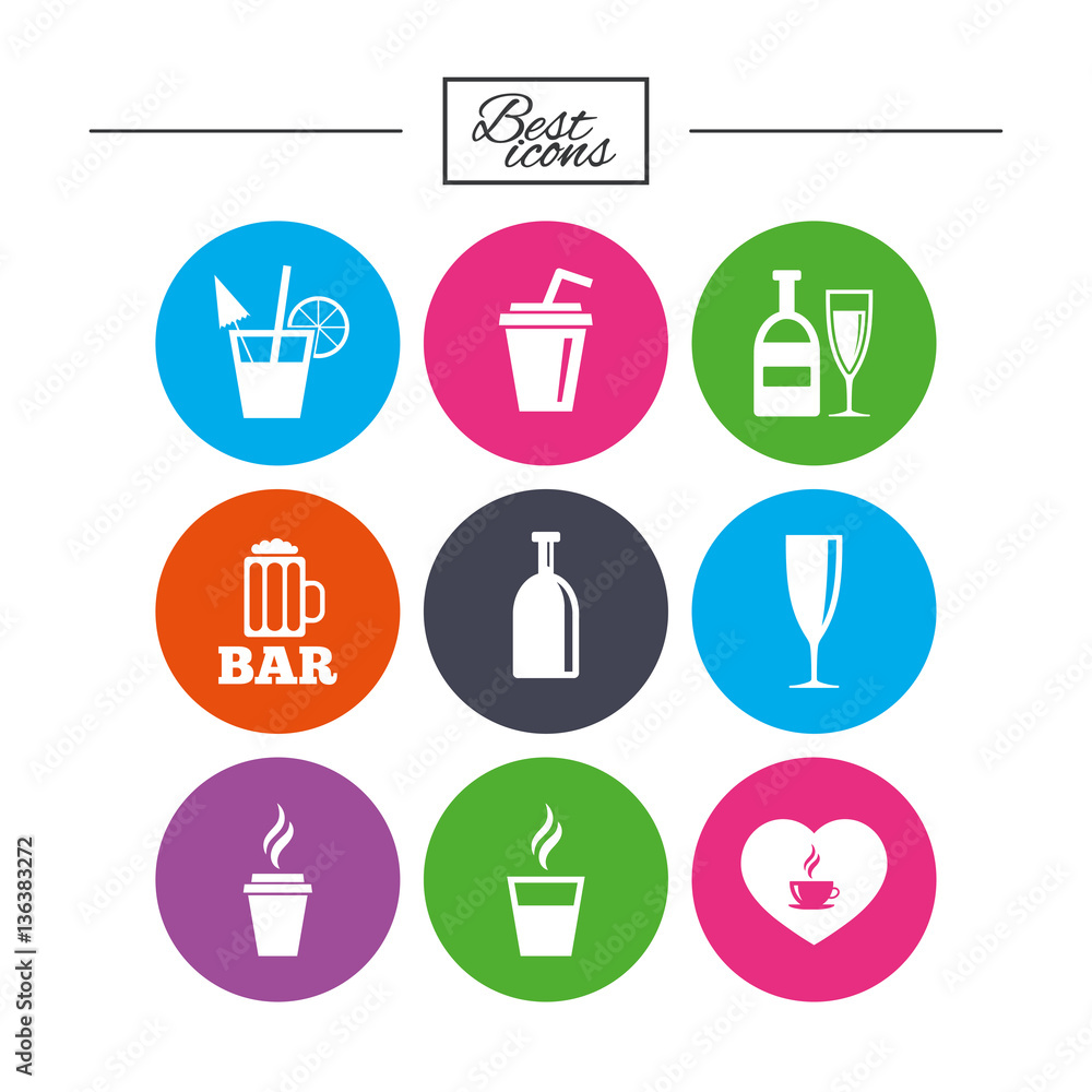 Beer, coffee and tea icons. Alcohol drinks. Beer, coffee and tea icons. Alcohol drinks.