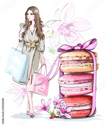 Beautiful sketch set: fashion woman with shopping bags, sweet cute macarons with bow and flowers. Vector illustration.