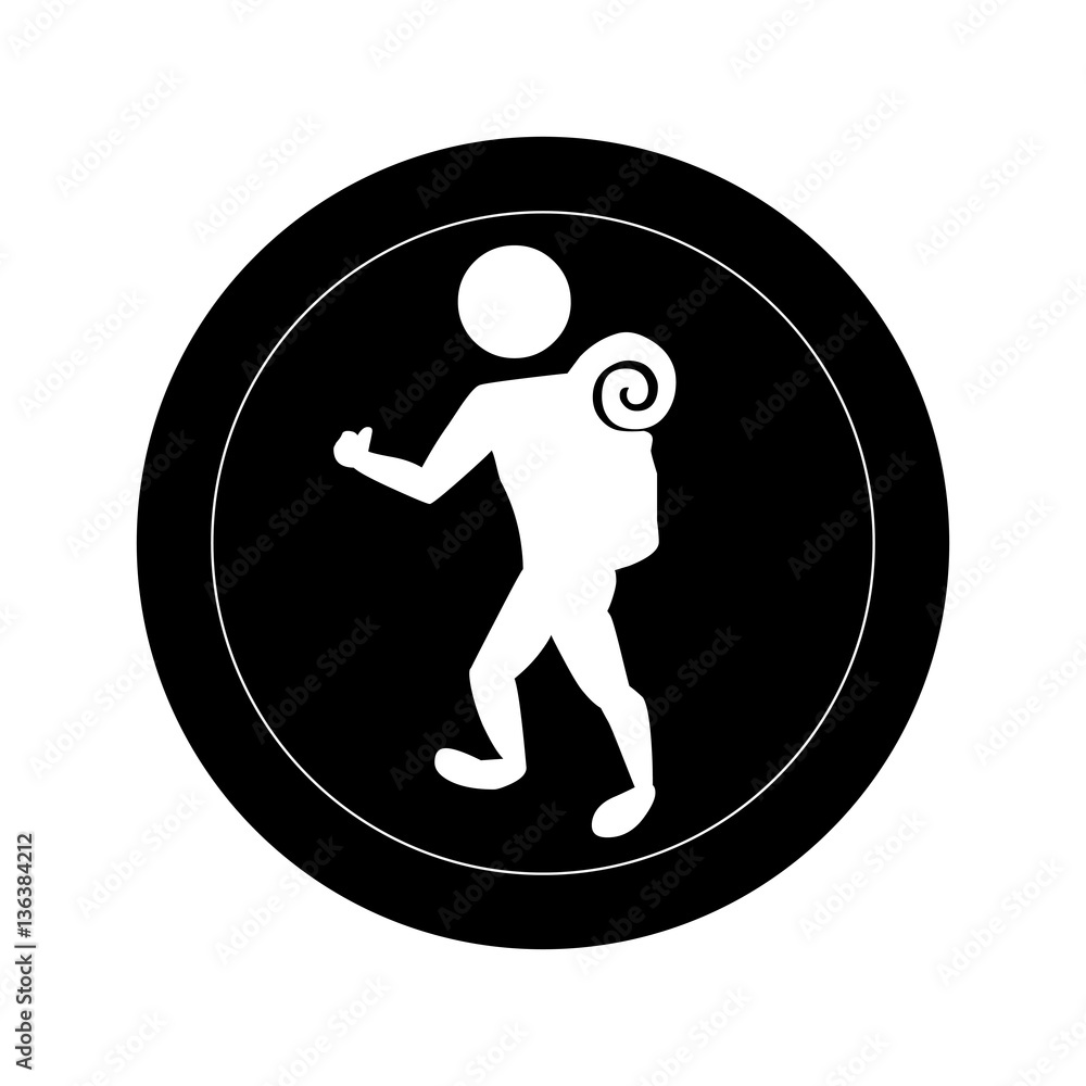 monochrome round frame with pictogram man with camping equipment monochrome round frame with pictogram man with camping equipment