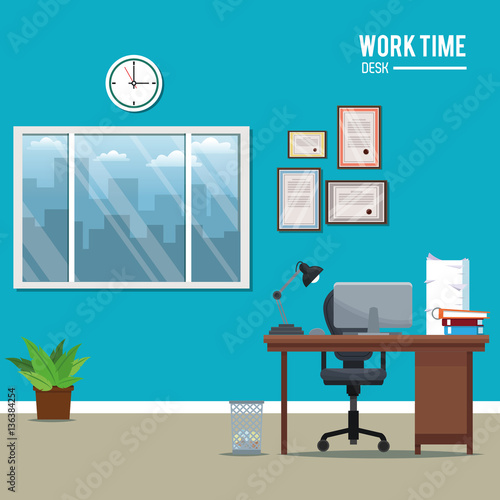 work time desk workspace window clock plant laptop vector illustration eps 10 © Jemastock