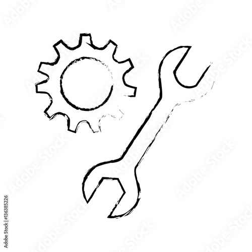 silhouette sketch blurred pinion and wrench vector illustration