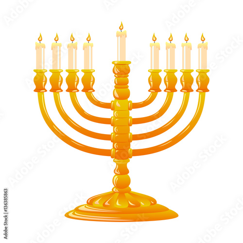 Hanukkah golden menorah with burning candles.