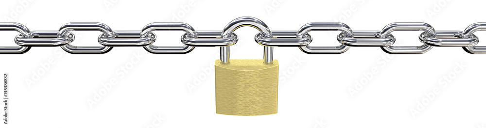 Long Steel Chain with Padlock in middle. Long Steel Chain with Brass Padlock. Wide ratio and Isolated 3D render. Long Steel Chain with Padlock in middle. Long Steel Chain with Brass Padlock. Wide ratio and Isolated 3D render.