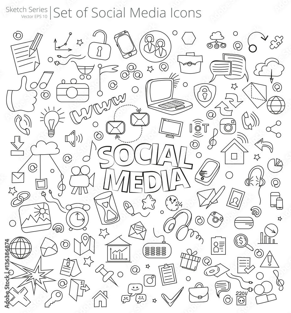 Hand Drawn Social Media icons. Vector Illustration of large set of Social Media icons and doodles. Hand Drawn Sketch Style.