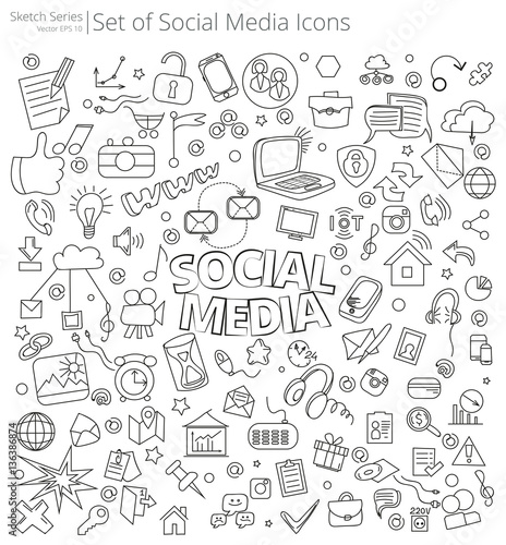 Hand Drawn Social Media icons. Vector Illustration of large set of Social Media icons and doodles. Hand Drawn Sketch Style.