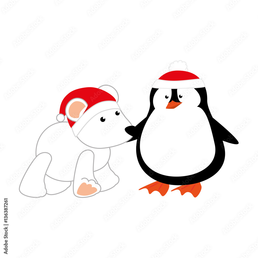cute penguin and polar bear with christmas hat isolated icon vector illustration design