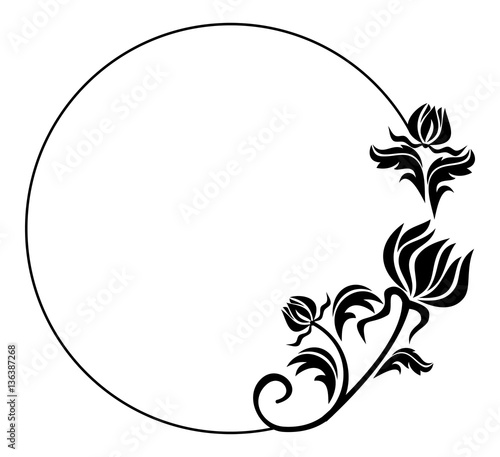 Black and white round frame with flowers silhouettes. 