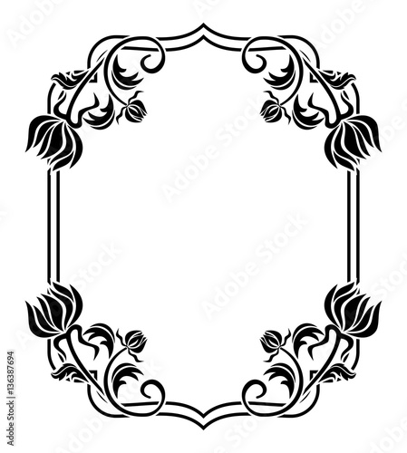 Black and white frame with flowers silhouettes. Raster clip art.