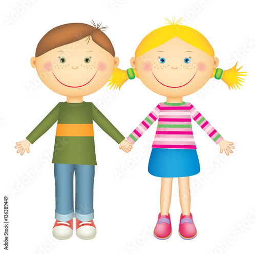 Happy little boy and girl holding hands and smiling. Isolated on white background.