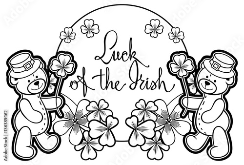 Outline round frame with shamrock contour and teddy bear. Raster clip art.