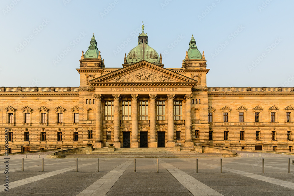 Fototapeta premium panoramic skyline of Leipzig with townhall and high court at sunset, Germany