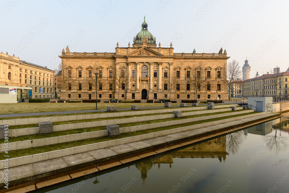 panoramic skyline of Leipzig with townhall and high court at sunset, Germany