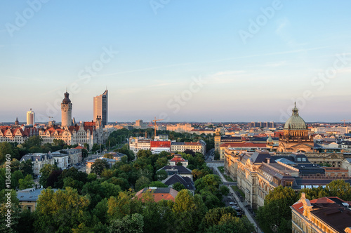 panoramic skyline of Leipzig with townhall and high court at sunset, Germany