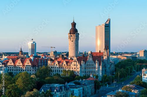 skyline of Leipzig with townhall and high court at sunset  Germany