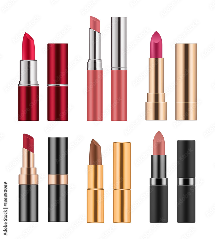 Set of realistic lipsticks, wine, rose and retro red colors. Decorative cosmetic product for beautiful lip. Makeup for beauty face. Blank template of containers. Vector illustration isolated on white Set of realistic lipsticks, wine, rose and retro red colors. Decorative cosmetic product for beautiful lip. Makeup for beauty face. Blank template of containers. Vector illustration isolated on white