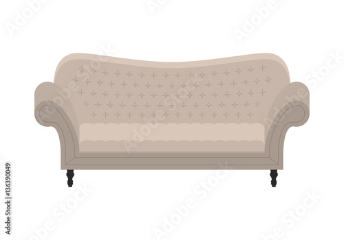 Gray vintage sofa. Icon of fashion, elegance and cozy furniture for an house interior, living room. Antique couch. Vector flat colorful illustration isolated on white background.