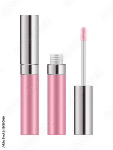 Pink lip gloss - mock-up of realistic package with brush. Decorative cosmetic product for beautiful glossy lip. Makeup lipgloss in bottle. Vector illustration isolated on white