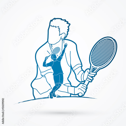 Double exposure, Tennis player sports man outline graphic vector.