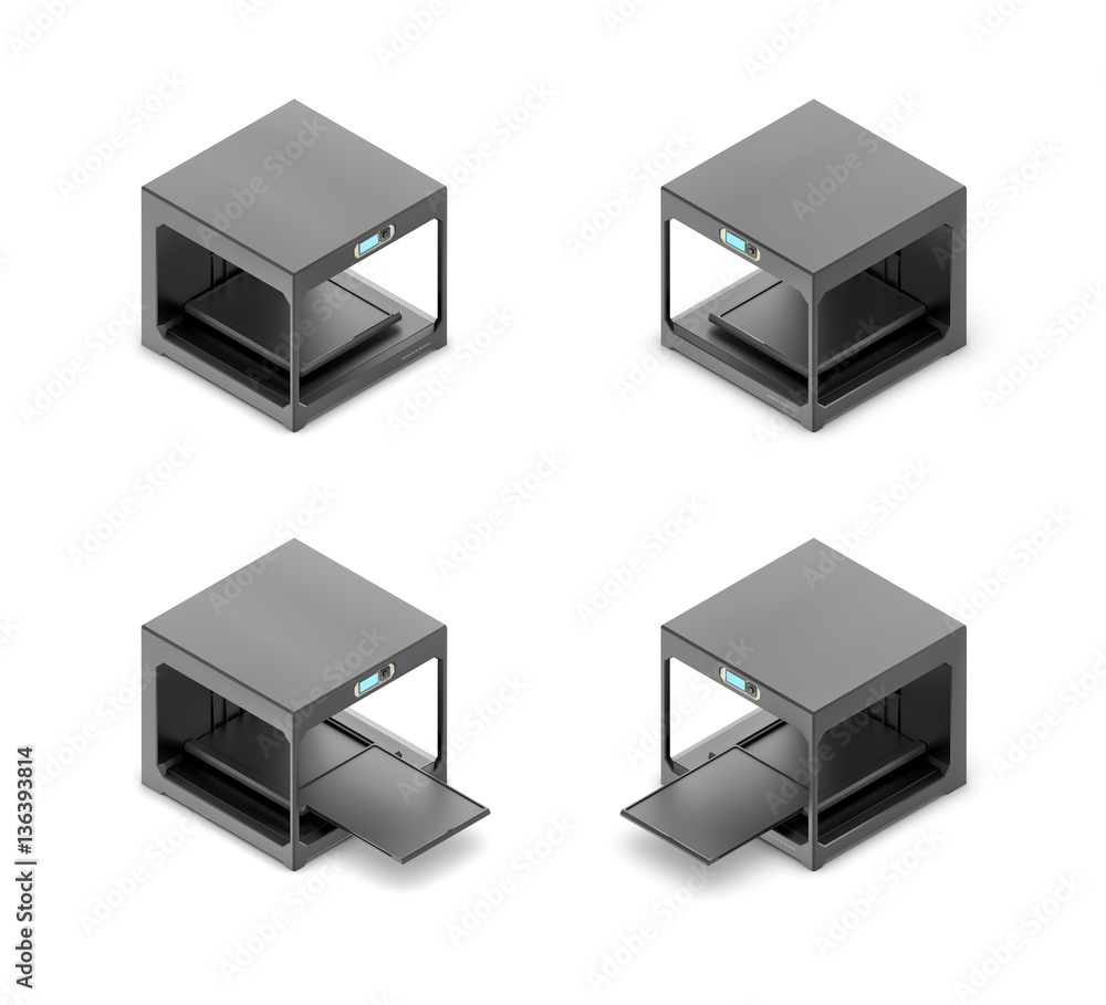 3d rendering of a small black 3d-printer in open and closed state in double-sided isometric view. 3d rendering of a small black 3d-printer in open and closed state in double-sided isometric view.